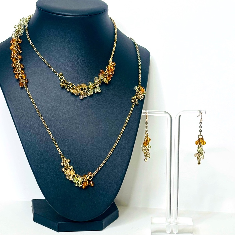 Long Strand Beaded Necklace & Earring Set Ombre Amber & Clear